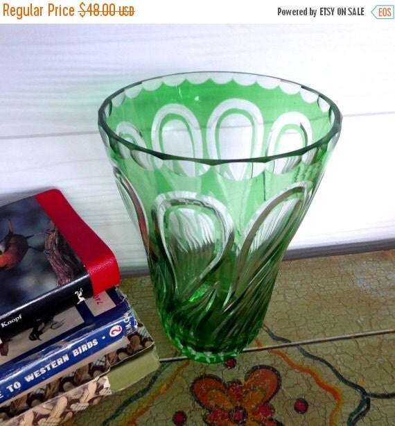 ON SALE Vintage Green Cased Glass Vase Cut by AntiquesAndTeacups
