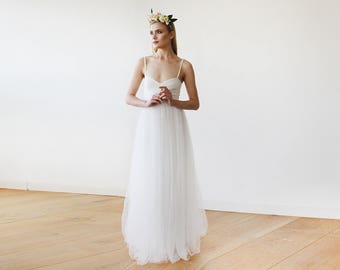 Ivory tulle ballerina dress, Sweetheart neckline maxi tulle wedding dress, Romantic ivory tulle gown 1061