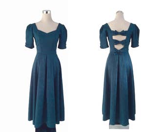Vintage Laura Ashley Dress - Forest Green Cotton Damask Dress - Bow Back Formal Dress