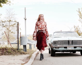 Oxblood godet high waist midi skirt