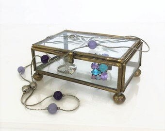 Brass Jewelry Trinket Casket, Leaded Etched Glass, Brass Glass Box, Boho Decor, Vintage Jewelry Box