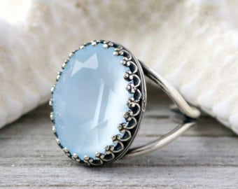 Queen Crown Ring | Frosted Blue | Swarovski Crystal | Oval Ring | Adjustable Antique Silver Ring | Estate Style Ring | Gift For Her