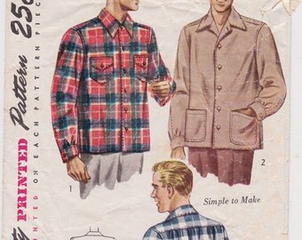 40s Men's Casual or Lumberjack Shirt Vintage Sewing Pattern - Simplicity 1961 - Size Med, Neck 15-15 1/2, Complete