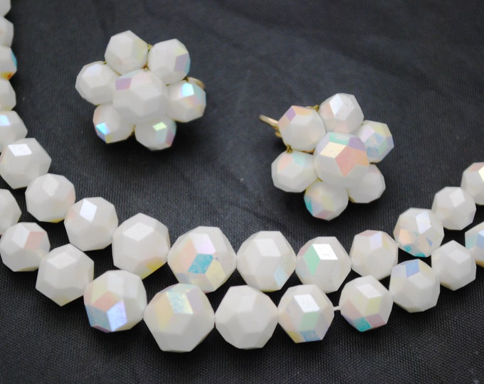 Laguna Bead necklace and earring set - White milk glass -aurora borealis - Double strand -cluster bead earrings -clip on earrings