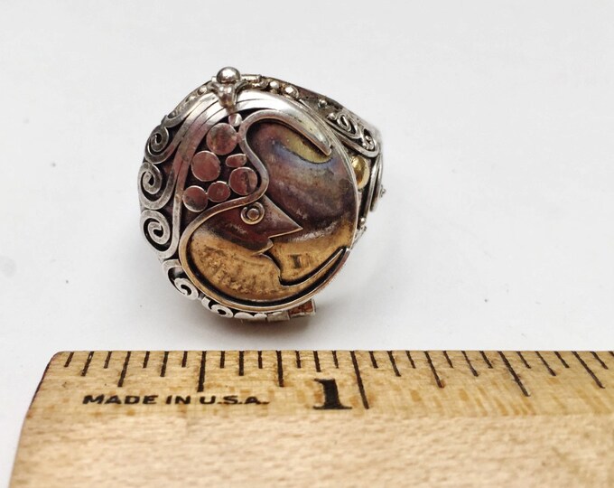 Sterling Poison Box Ring - Silver Filigree - Face Cameo - Brass - size 11- locket ring