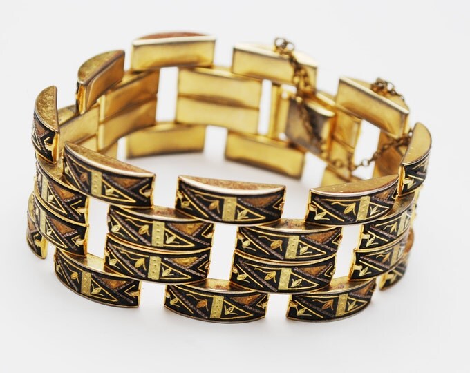 Wide Damascene Link bracelet - 4 rows of gold black enameling links - Safety chain