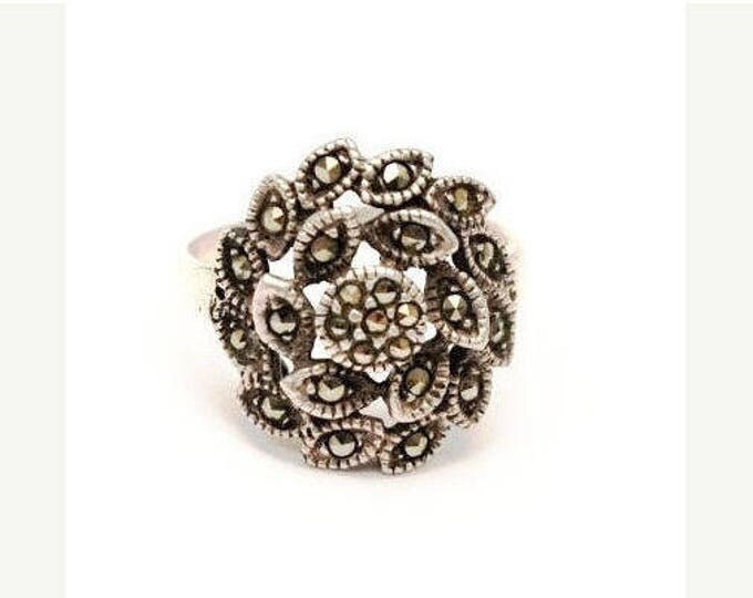 Marcasite sterling Ring - silver flower - Art Deco - size 6 ring