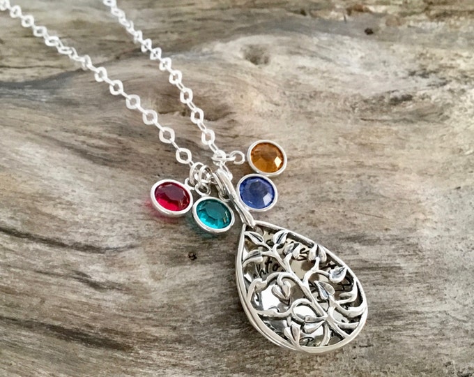 Personalized Mom Necklace - Custom Hand Stamped Teardrop Tree Locket Silver Pendant with Birthstone Crystals - Mothers Day Gift