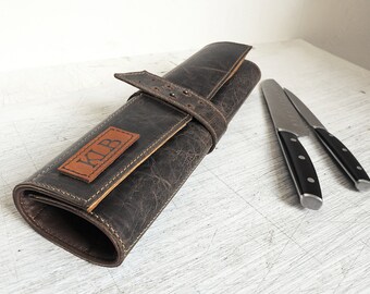 Leather knife roll, Personalized chefs knife Case, Dark grey distressed leather chefs Roll
