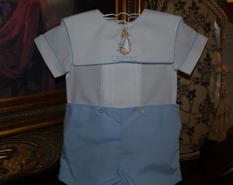 Personalized Beatrix Potter Peter Rabbit Easter or First Birthday Heirloom Baby Blue and White 2 Piece with White Collar