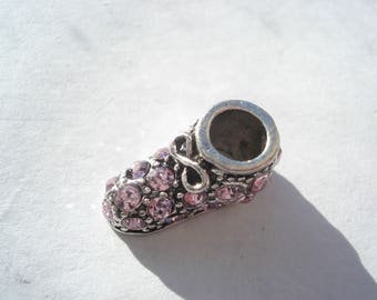 16mm Zinc Metal Alloy European Style Large Hole Charm, Antique Silver Pink Shoe with Rhinestones C81