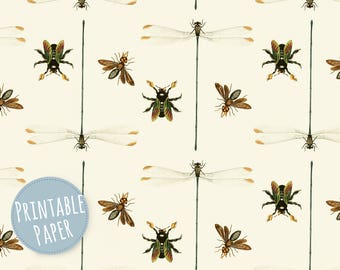 Digital Paper - Printable Gift Wrapping Paper - Wrapping Paper - Insects - Dragonflies - Vintage - Pattern