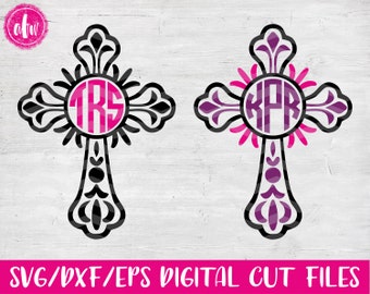 Monogram Cross, SVG, DXF, EPS, Cut Files, Easter, Flourish, Vinyl, Vector, Monogram Frame, Silhouette, Cricut