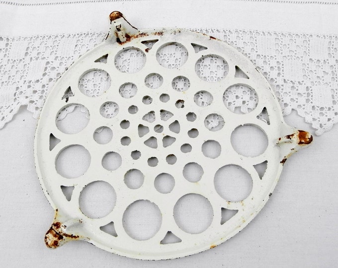 Large Round Antique French Cast Iron White Chippy Enamel Trivet, Hot Plate, Heat Mat, Cottage Kitchen, French Country, Kitchenware, Shabby