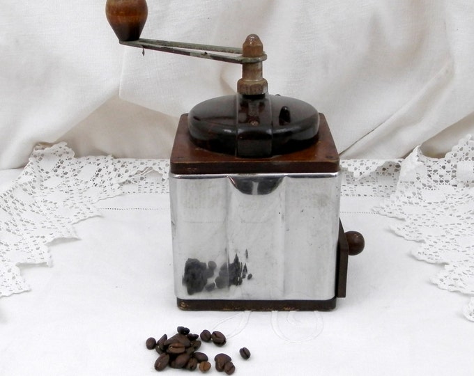 Vintage French Peugeot Fréres Stainless Steel Bakelite and Wooden Coffee Grinder, Retro Industrial Kitchen Decor from France, Kitchenware
