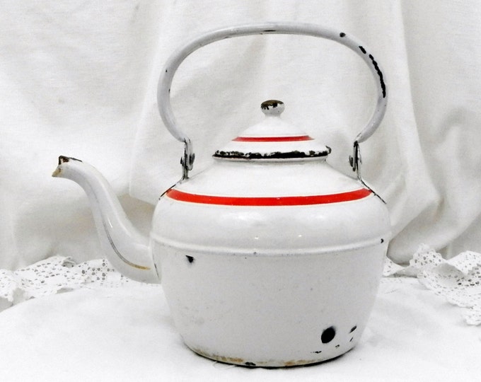 Rare Antique French Chippy Goose Neck Enamelware White and Red Kettle, French Country Decor, Vintage, Shabby, Cottage Kitchenware, Rustic