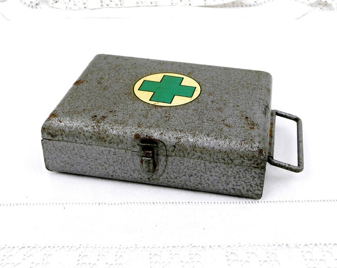 Vintage French Mid Century Metal First Aid Grey Tin, Industrial, Retro, Home, Interior, Brocante, Hipster, Medical, Nursing, Green Cross