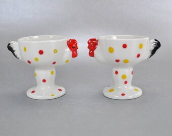 Speckled Chicken pedestal Egg Cups Set of 2 Mid Century Ceramic Vintage Japan