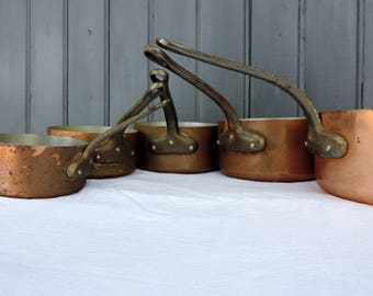 Les Cuivres de Faucogney, 1mm copper graduated cooking pots, sauce pans, cast iron handles, tin lining, vintage french professional pans