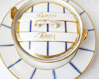 French Country Kitchen Vintage Butter Dish - Beurre Frais Blue and White Shabby