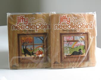 Vintage NOS Jiffy Needlepoint Kit Cats / Autumn Window and Springtime Window / retro cross stitch craft kits / boho home decor