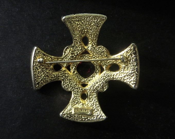 Vintage Castlecliff Maltese Cross Brooch, Malta Cross ,Enamel & Gripoix Glass, Designer Signed, Heraldic Jewelry