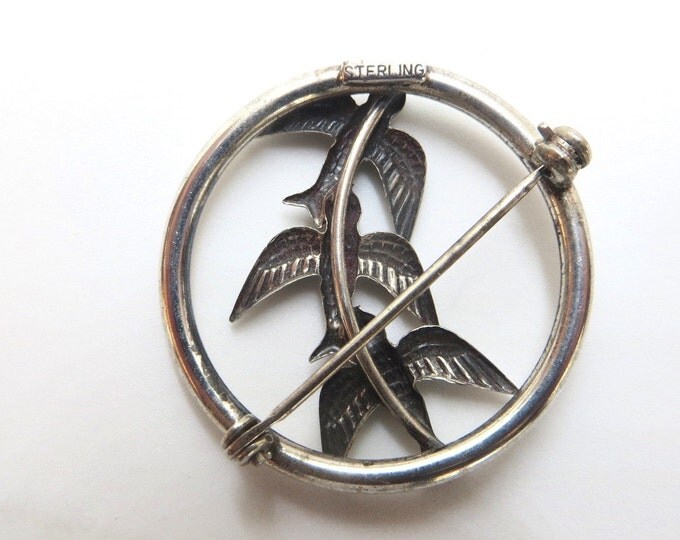 Sterling Silver Bird Brooch, Three Swallows Pin, Vintage Bird Jewelry