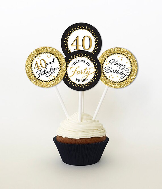 40th Birthday Cupcake Toppers Gold Glitter and Black Favor