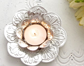 Lotus Flower Candle Holder, Boho Wedding Decor, Embossed Metal Tealight Holder
