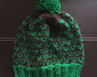 Slouchy Brown Hat with Green Hearts