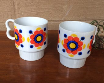 Set/2 Retro Flower Power Stacking Mugs, 3.5"H