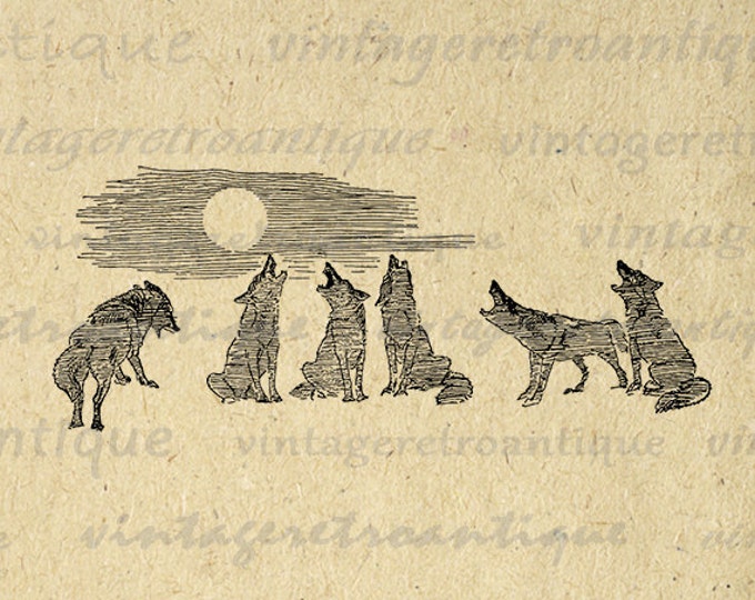 Wolves Howling at the Moon Printable Graphic Image Wolf Illustration Digital Download Artwork Antique Clip Art HQ 300dpi No.1192