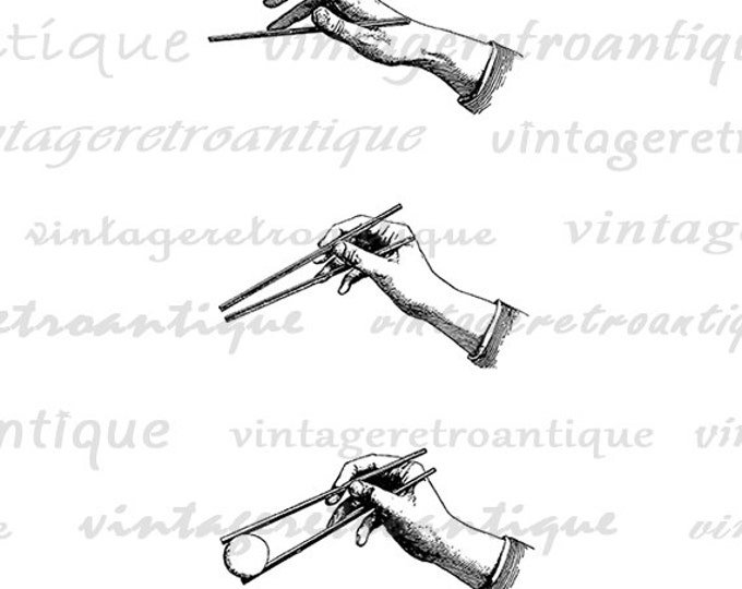 Printable Chopsticks Diagram Image Download Graphic Digital Illustration Vintage Clip Art Jpg Png Eps HQ 300dpi No.2955