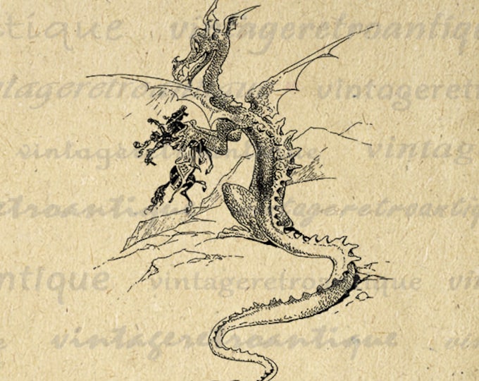 Digital Dragon with Knight Image Graphic Medieval Printable Download Antique Clip Art for Transfers Printing etc HQ 300dpi No.3091