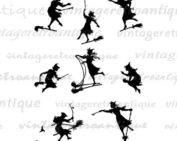 Digital Printable Witch Flying with Broom Silhouettes Image Graphic Download Vintage Clip Art Jpg Png Eps HQ 300dpi No.3244