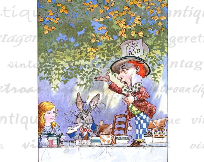 Printable Mad Hatter Tea Party Alice in Wonderland Image Download Digital Color Illustration Graphic Antique Clip Art HQ 300dpi No.2472