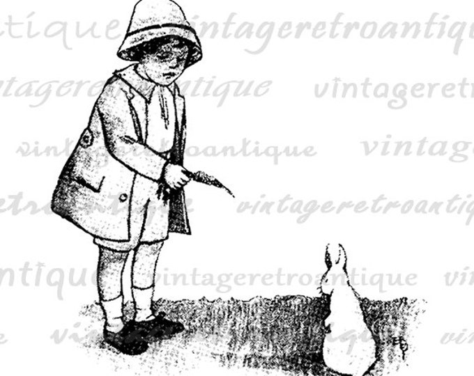 Girl Offering Carrot to Bunny Rabbit Digital Image Printable Illustration Download Graphic Antique Clip Art Jpg Png HQ 300dpi No.3220