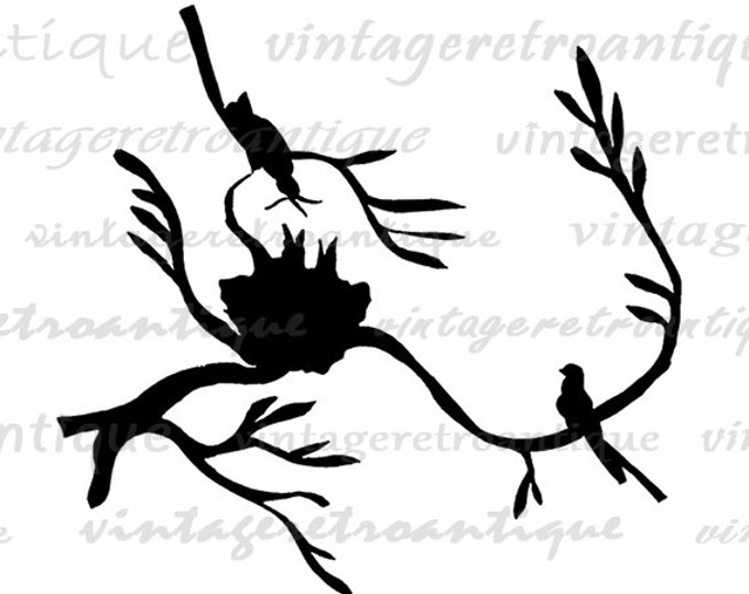 Printable Birds with Bird Nest Silhouette Digital Download Birdnest Image Graphic Antique Clip Art Jpg Png Eps HQ 300dpi No.3344