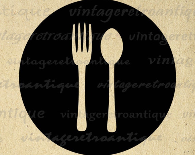 Printable Fork and Spoon Image Digital Food Restaurant Kitchen Graphic Silverware Download Vintage Clip Art Jpg Png HQ 300dpi No.4516