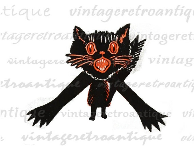 Digital Halloween Cat Graphic Download Image Orange and Black Printable Antique Clip Art HQ 300dpi No.713