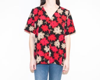 90s black & red floral blouse / loose short sleeve button-up / size XL