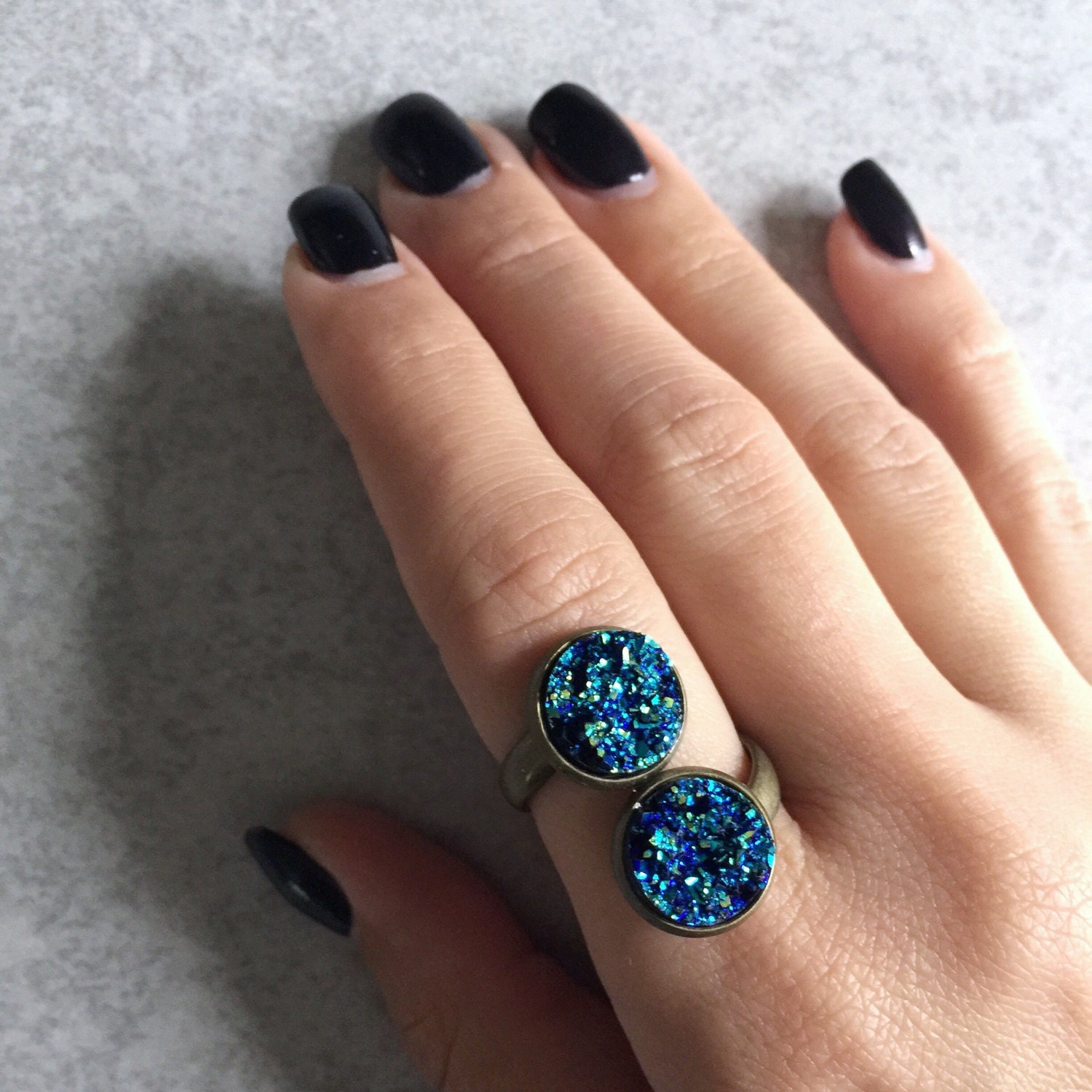 Blue Double Druzy Ring Glitter Quartz Geodes by BlueButtonBoho