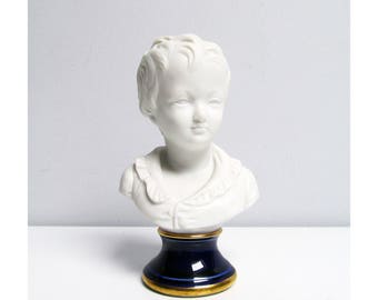 Vintage Sculptural French Child Bust, boy bust in Biscuit Porcelain Houdon Brongniart cobalt blue with gold rim base Height 5.5 in / 14 cm