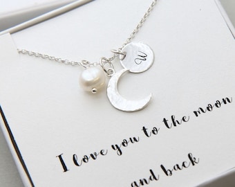 Sterling Silver Crescent Moon Necklace, Personalized I Love You To The Moon and Back Necklace, Personalized Initial Necklace, Gift for Her