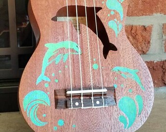 Ukulele, Painted Ukulele, you pick color, Engraved Ukulele, Dolphin Ukelele, Decorated Soprano Ukulele, ukulele instrument, ukelele, Dolphin