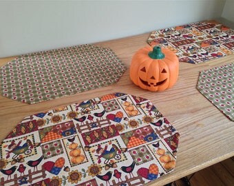 Set of 4 Reversible Fall and Harvest Placemats featuring Scarecrows, Pumpkins and Apples!