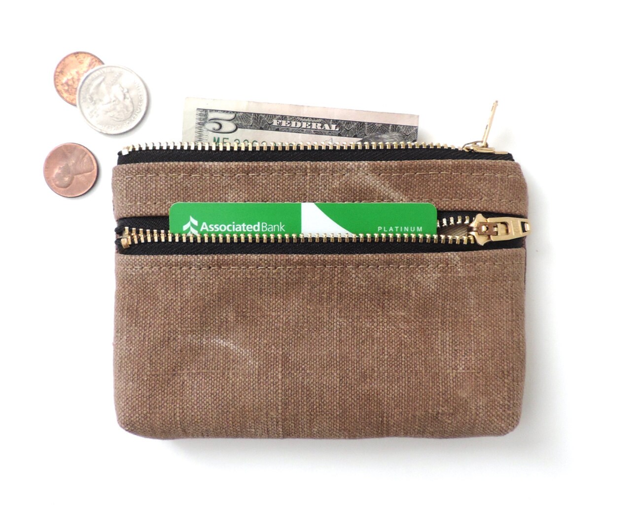 Wallet Coin Purse Double Zipper Pouch Recycled Distressed