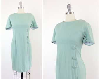 60s Mint Green Cotton Wiggle Dress / 1960s Vintage Hourglass Dress / Large / Size 10
