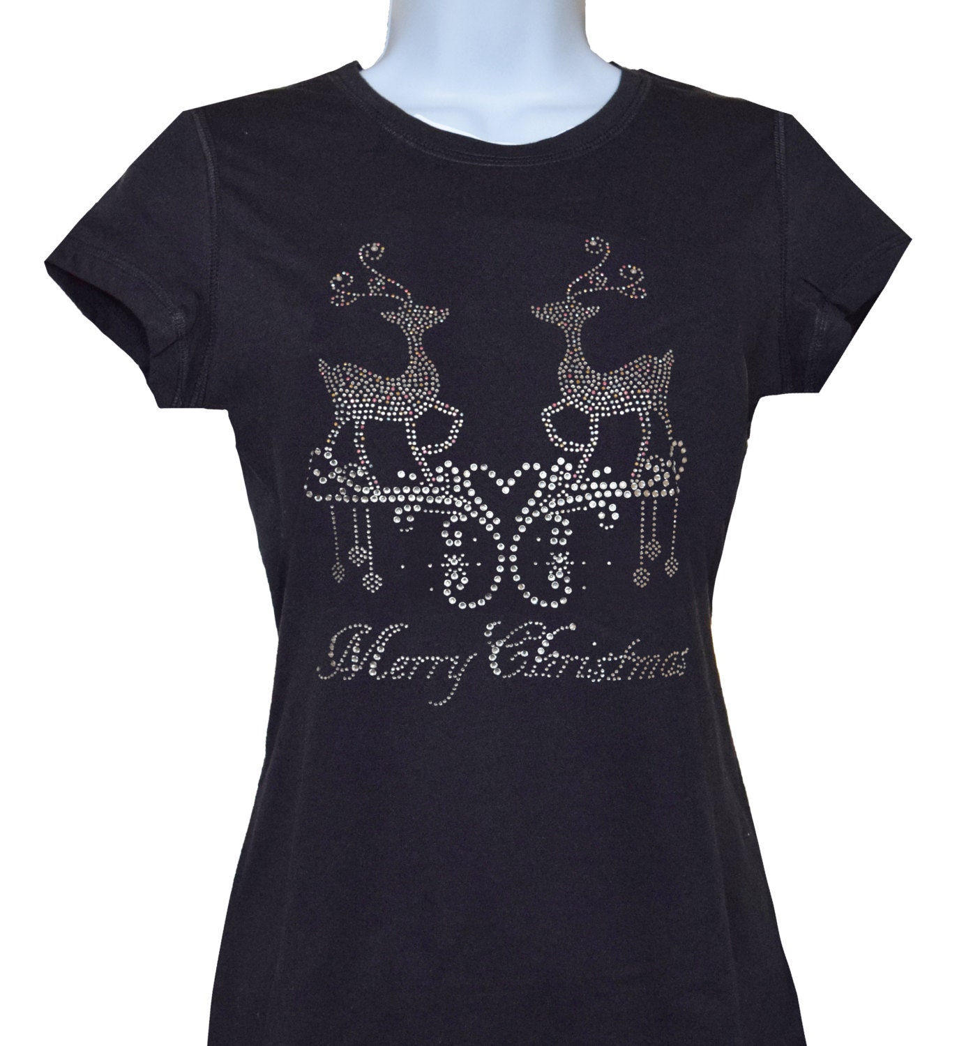 Rhinestone Merry Christmas with reindeer Crew Neck T-shirt