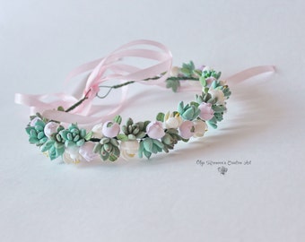 Mint pink succulent crown Succulent headband Bridal tiara with succulents bridal halo floral tiara Succulent crown Succulent halo headwreath